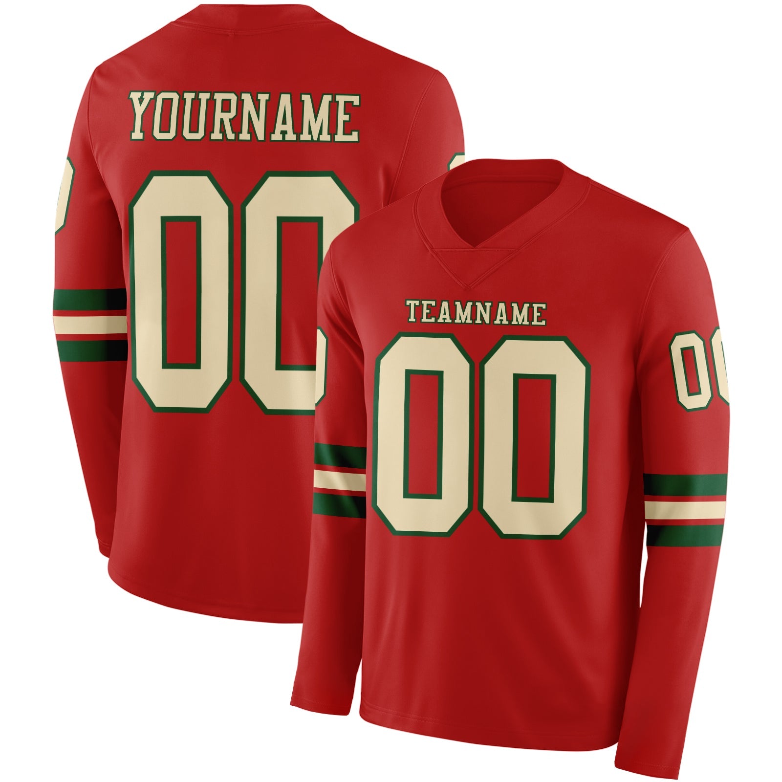 Custom Red Cream-Green Long Sleeve Authentic Football Jersey - Main View