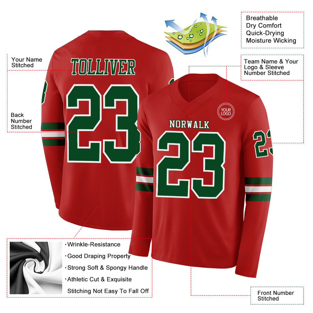 Custom Red Green-White Long Sleeve Authentic Football Jersey view 2