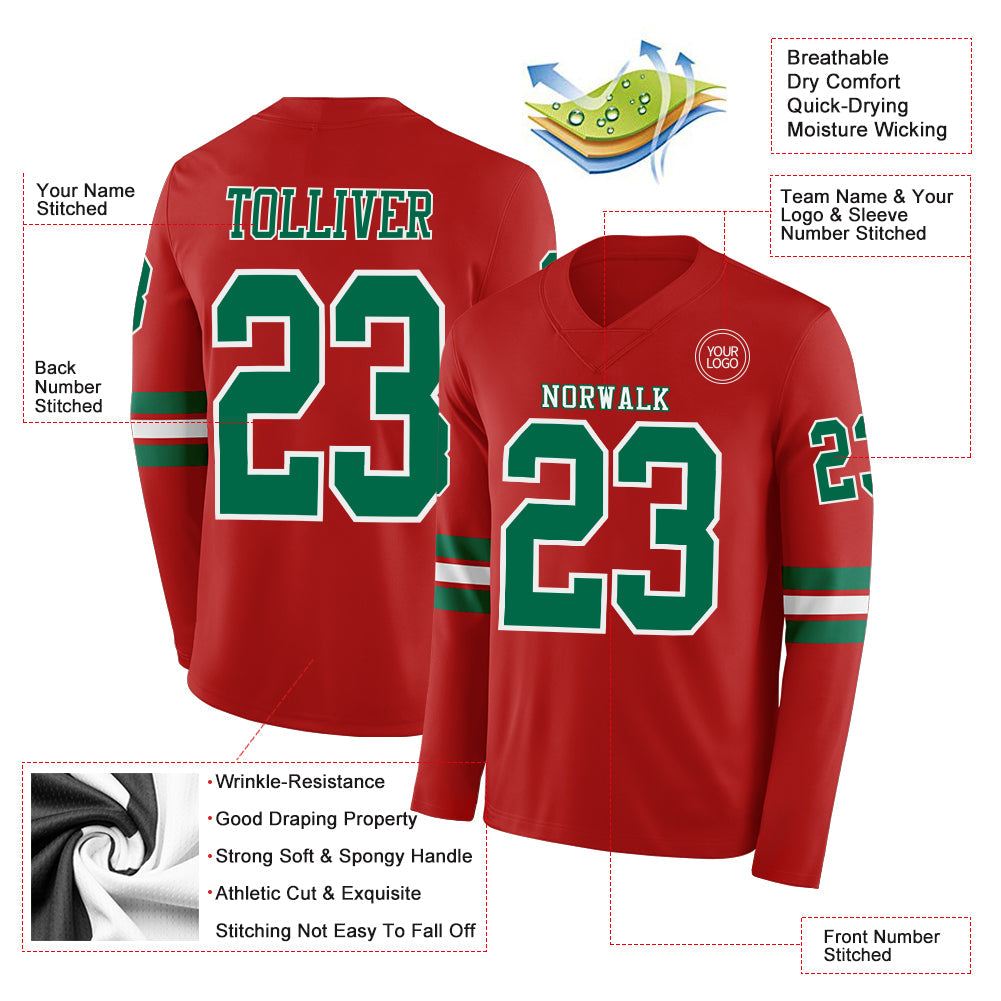 Custom Red Kelly Green-White Long Sleeve Authentic Football Jersey view 2