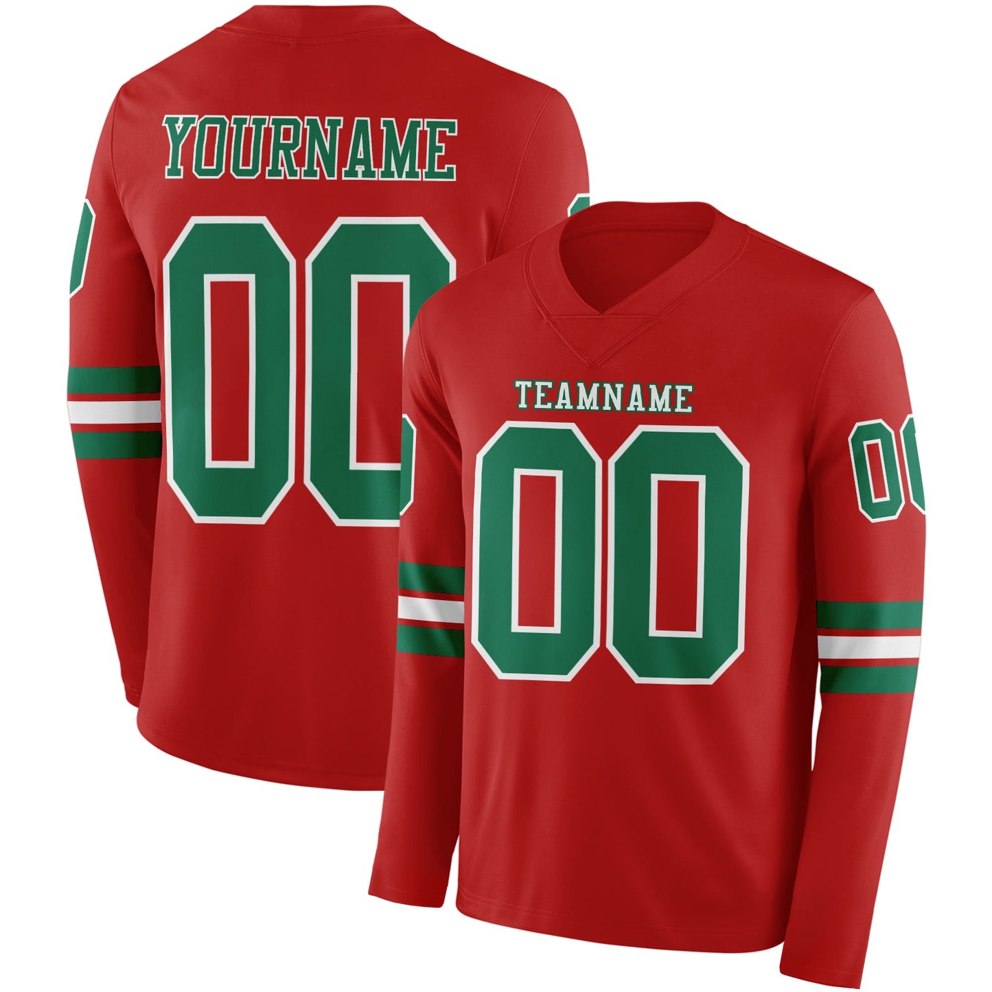 Custom Red Kelly Green-White Long Sleeve Authentic Football Jersey - Main View