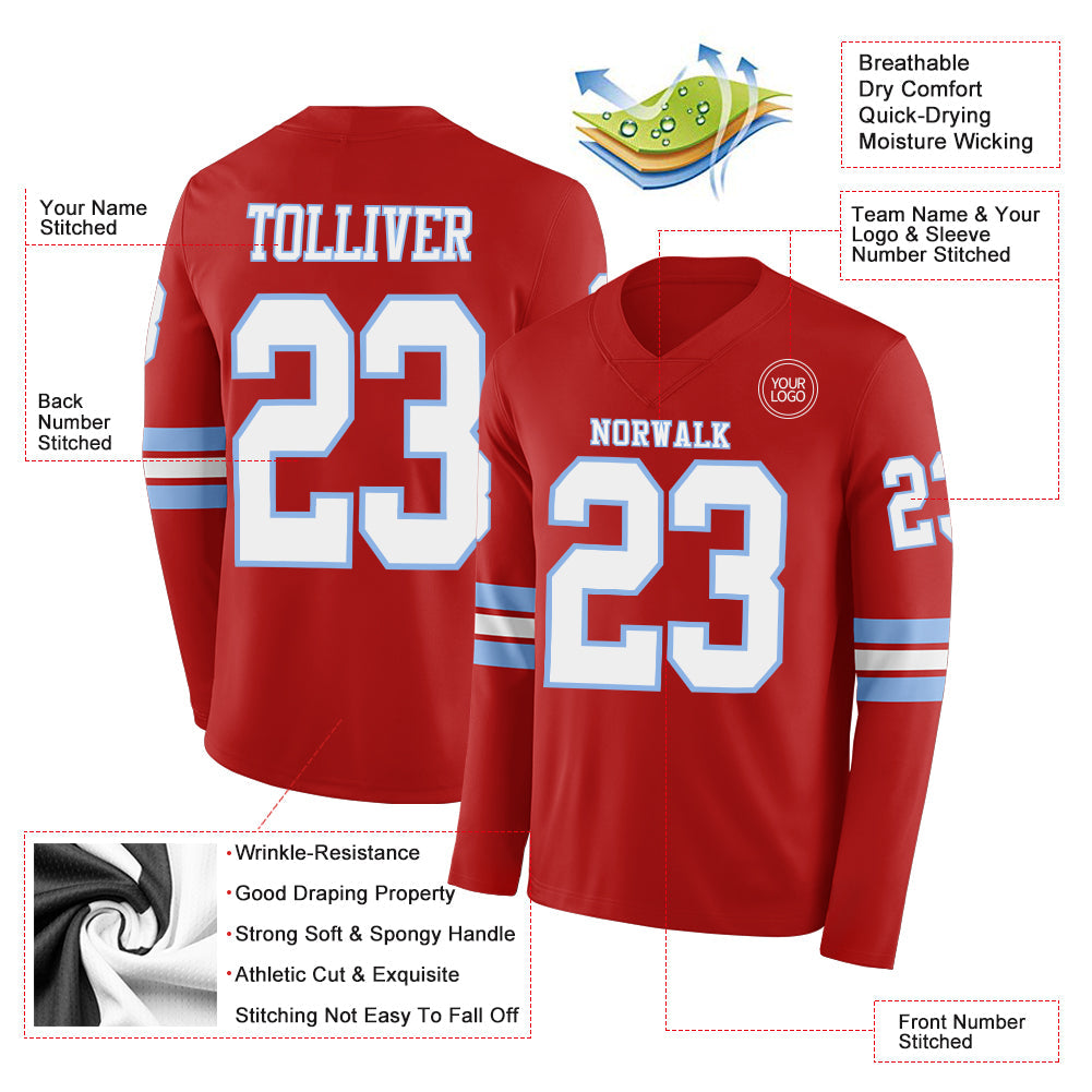 Custom Red White-Light Blue Long Sleeve Authentic Football Jersey view 2