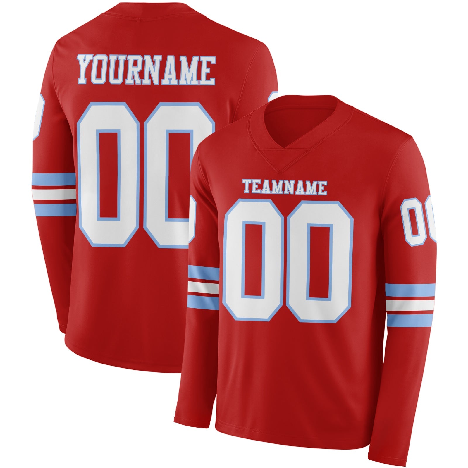 Custom Red White-Light Blue Long Sleeve Authentic Football Jersey - Main View