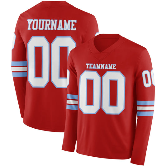 Custom Red White-Light Blue Long Sleeve Authentic Football Jersey - Main View