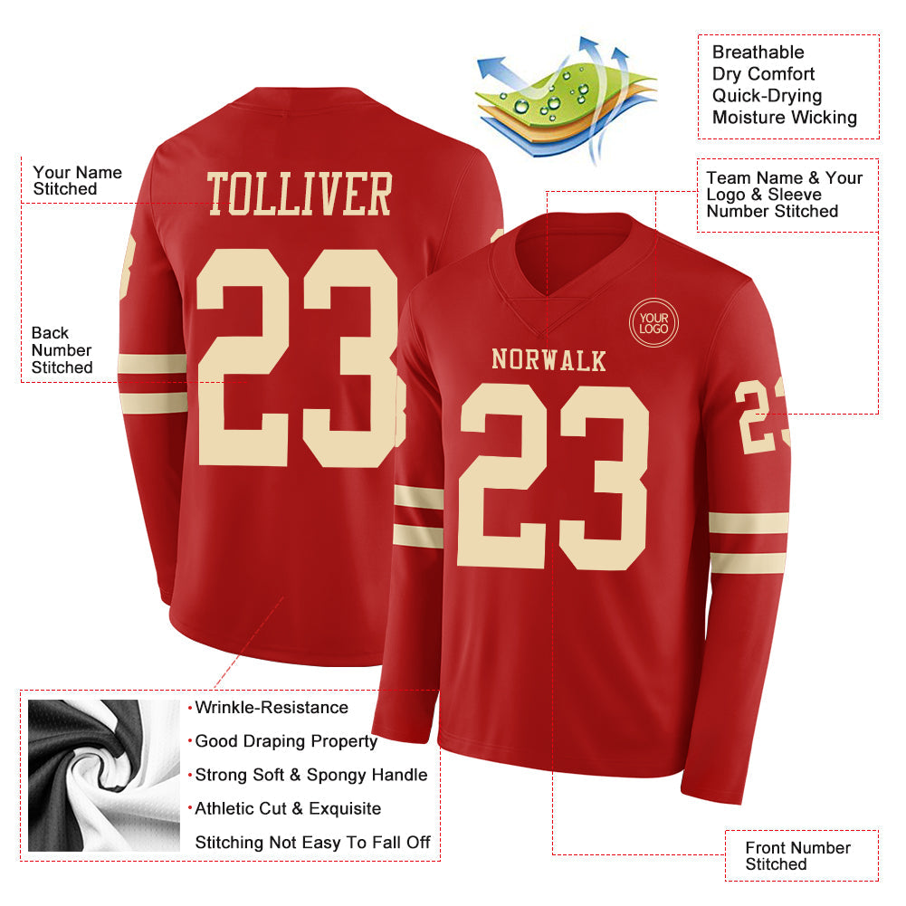 Custom Red Cream Long Sleeve Authentic Football Jersey view 2