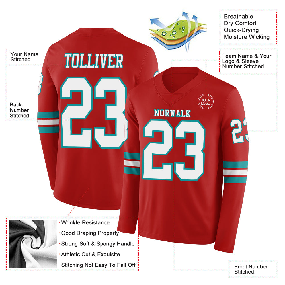 Custom Red White-Teal Long Sleeve Authentic Football Jersey view 2