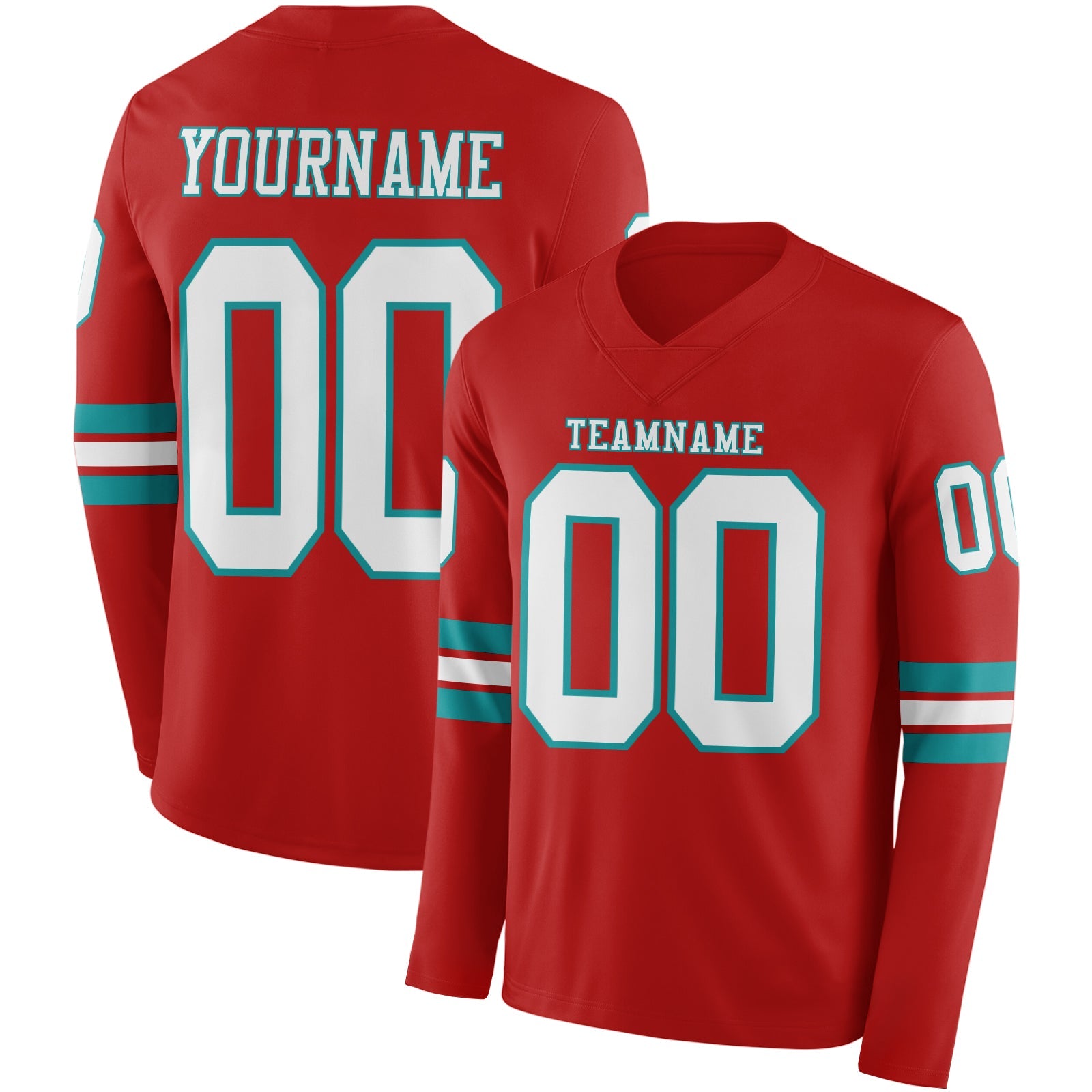 Custom Red White-Teal Long Sleeve Authentic Football Jersey - Main View