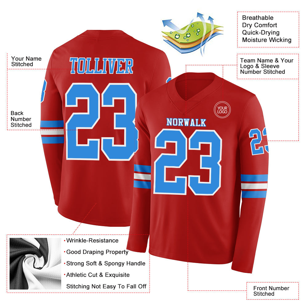 Custom Red Powder Blue-White Long Sleeve Authentic Football Jersey view 2