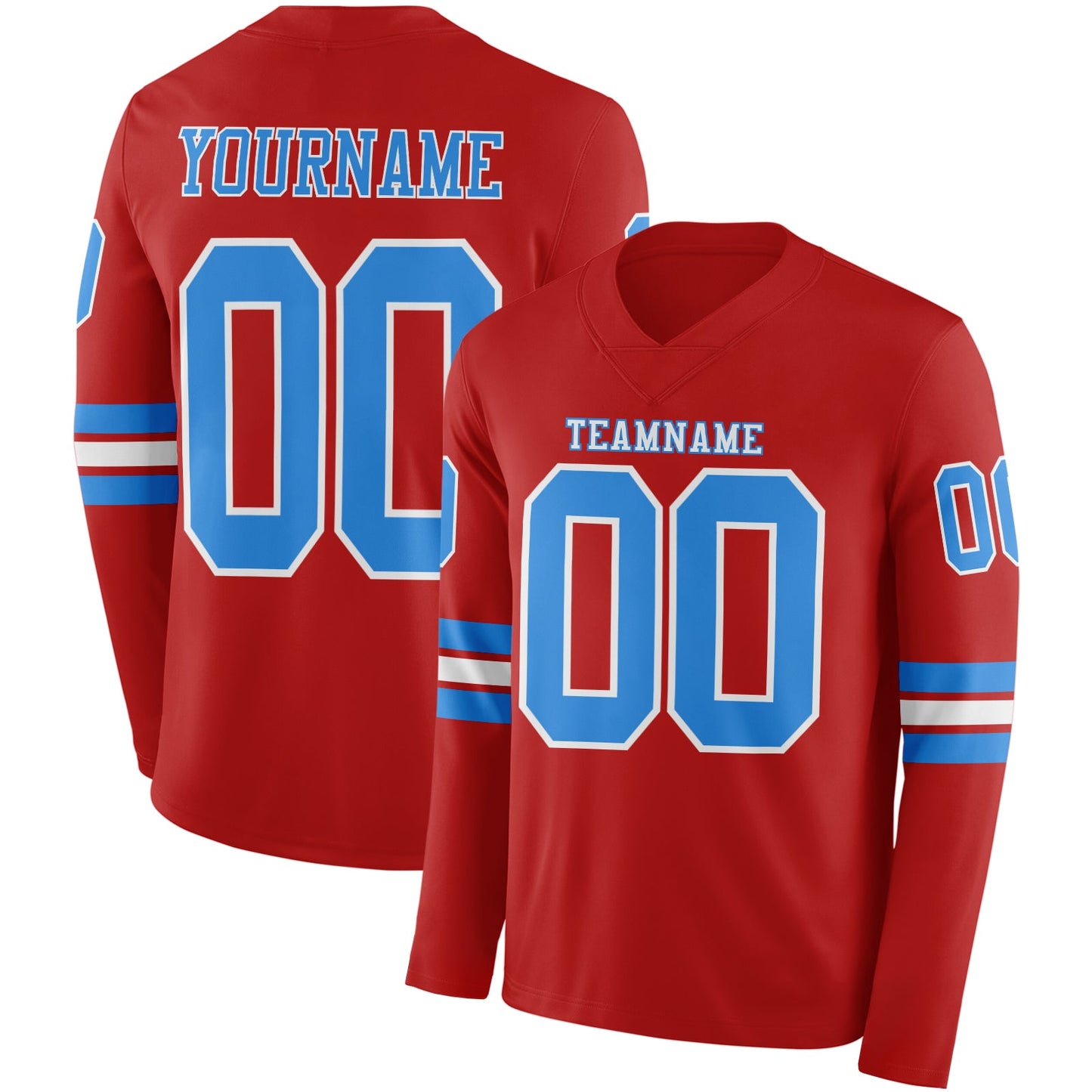 Custom Red Powder Blue-White Long Sleeve Authentic Football Jersey - Main View