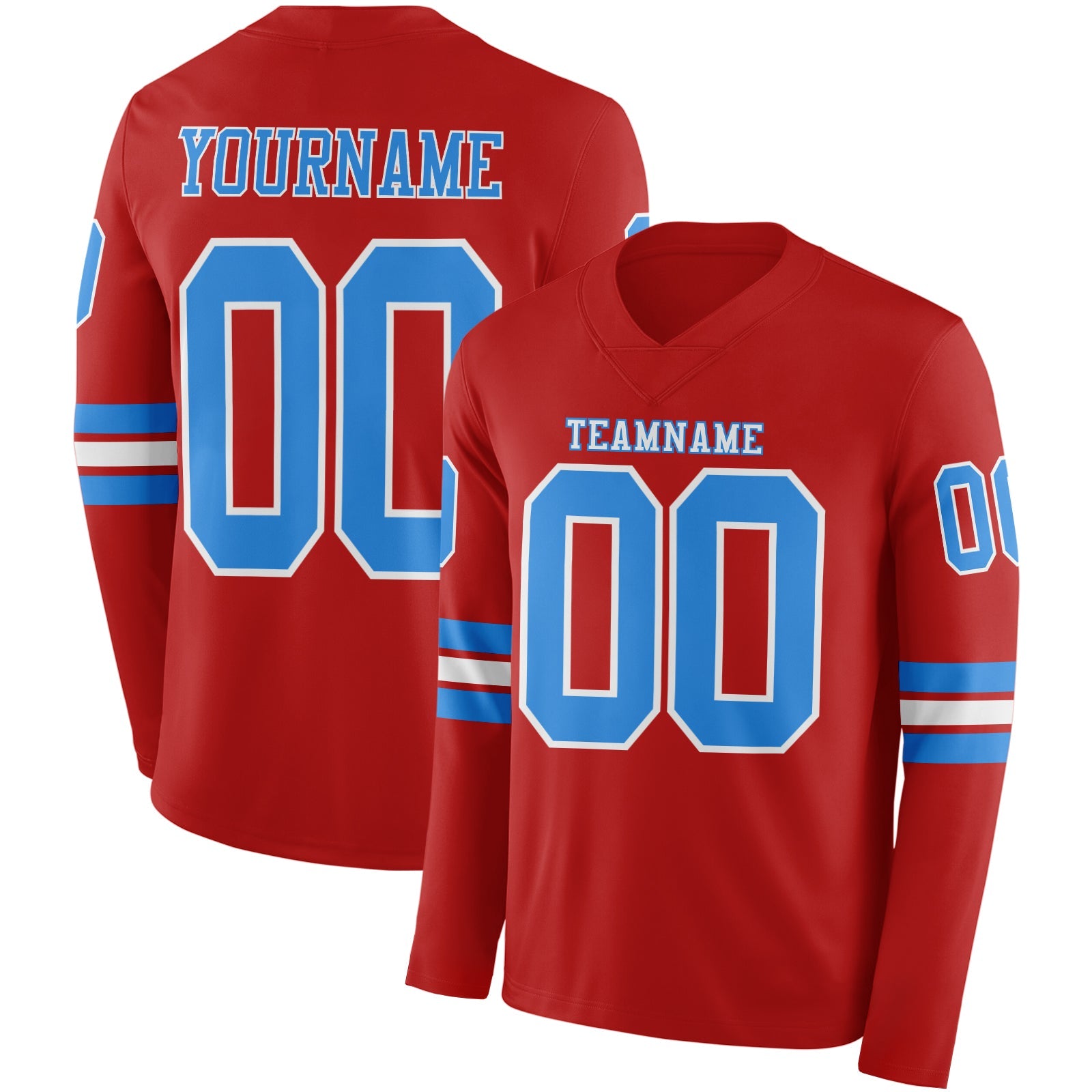 Custom Red Powder Blue-White Long Sleeve Authentic Football Jersey - Main View