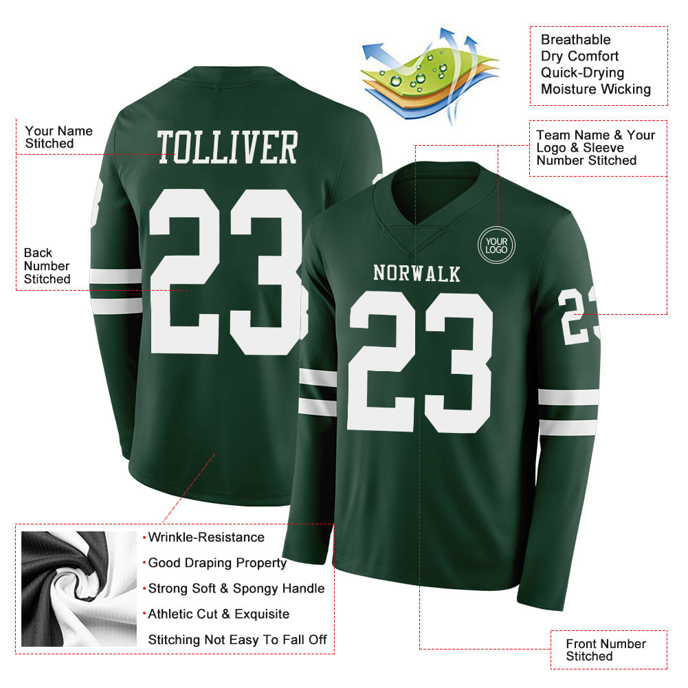 Custom Green White Long Sleeve Authentic Football Jersey view 2