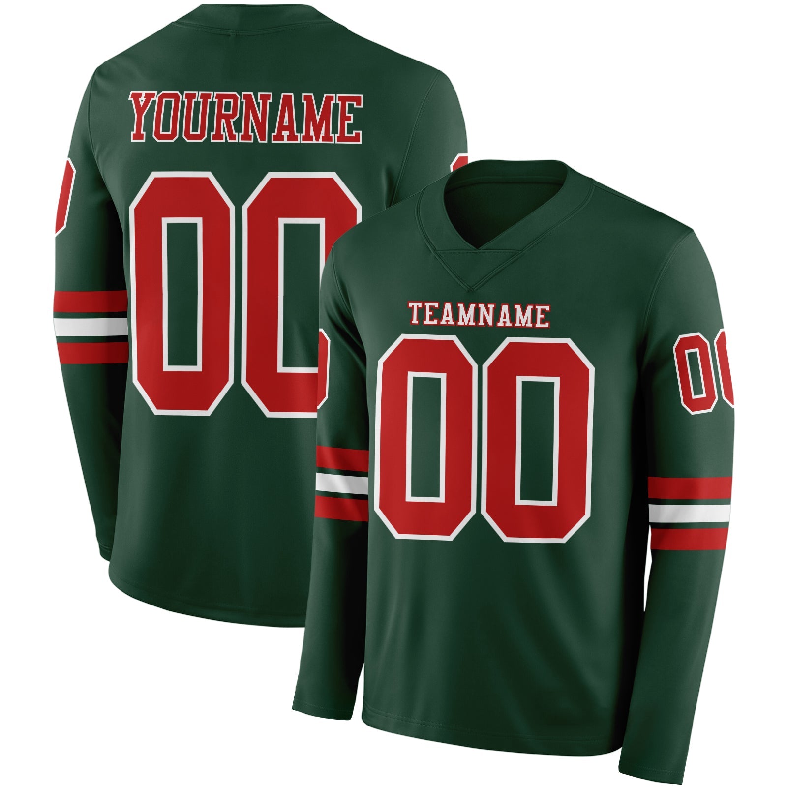 Custom Green Red-White Long Sleeve Authentic Football Jersey - Main View