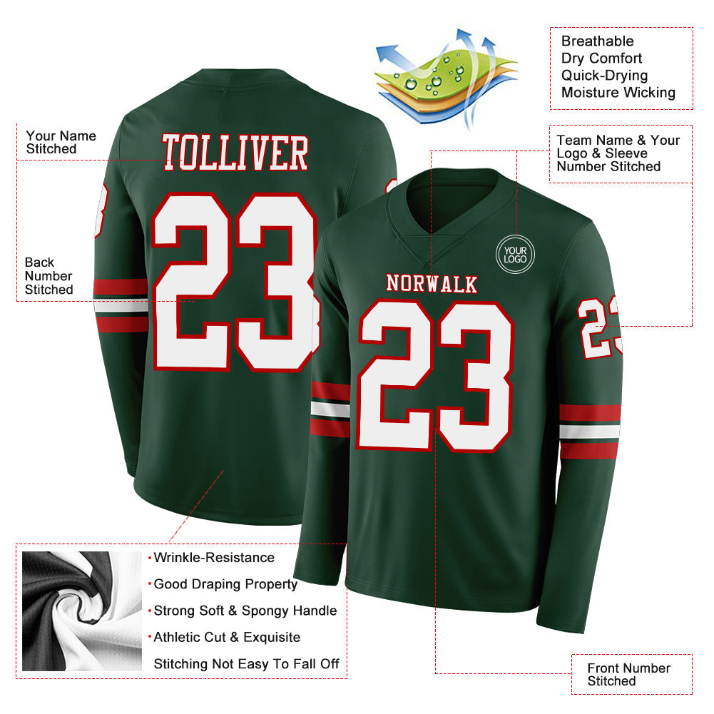 Custom Green White-Red Long Sleeve Authentic Football Jersey view 2