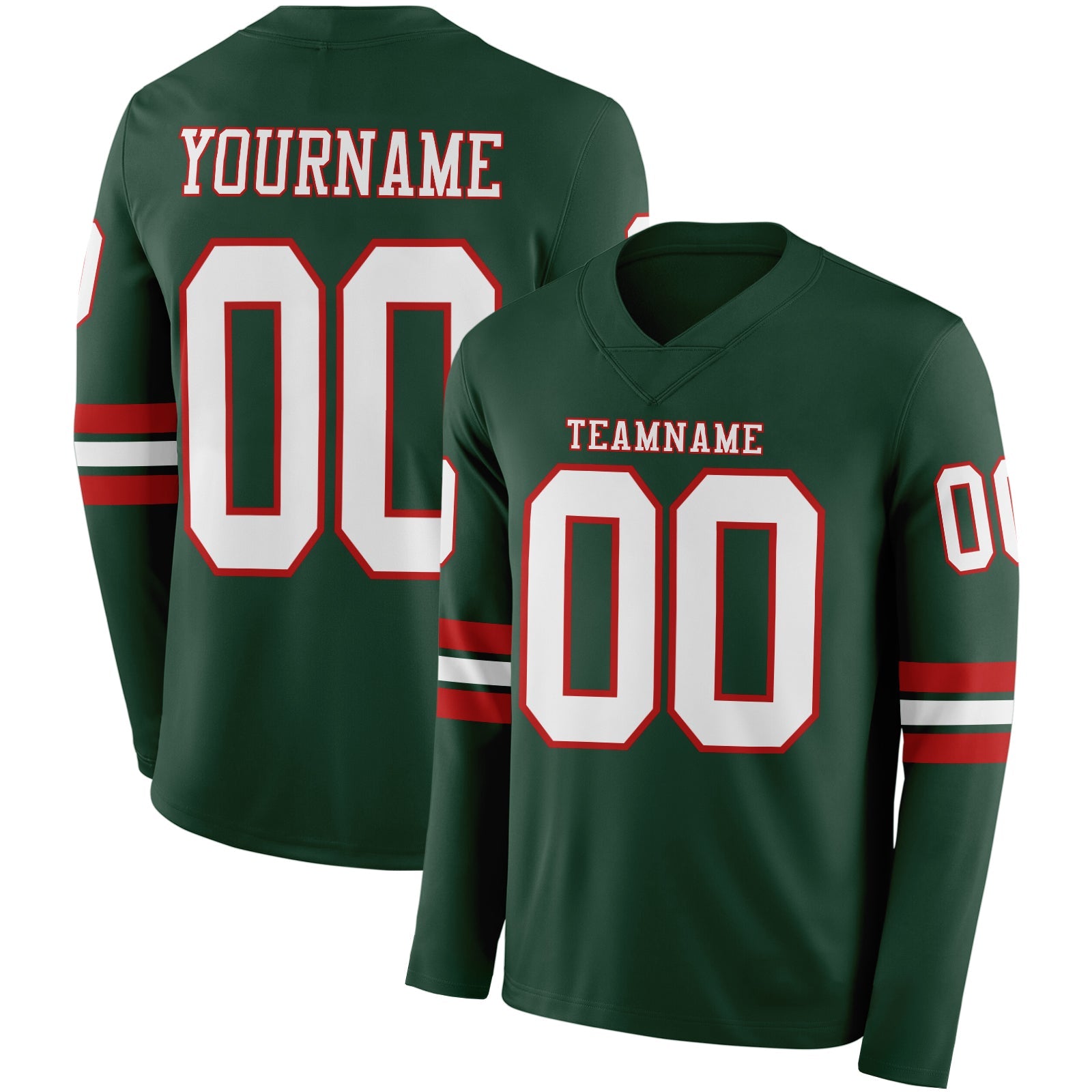 Custom Green White-Red Long Sleeve Authentic Football Jersey - Main View