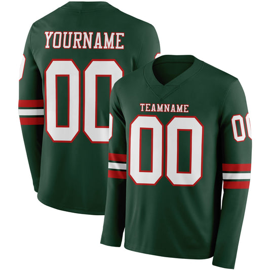 Custom Green White-Red Long Sleeve Authentic Football Jersey - Main View