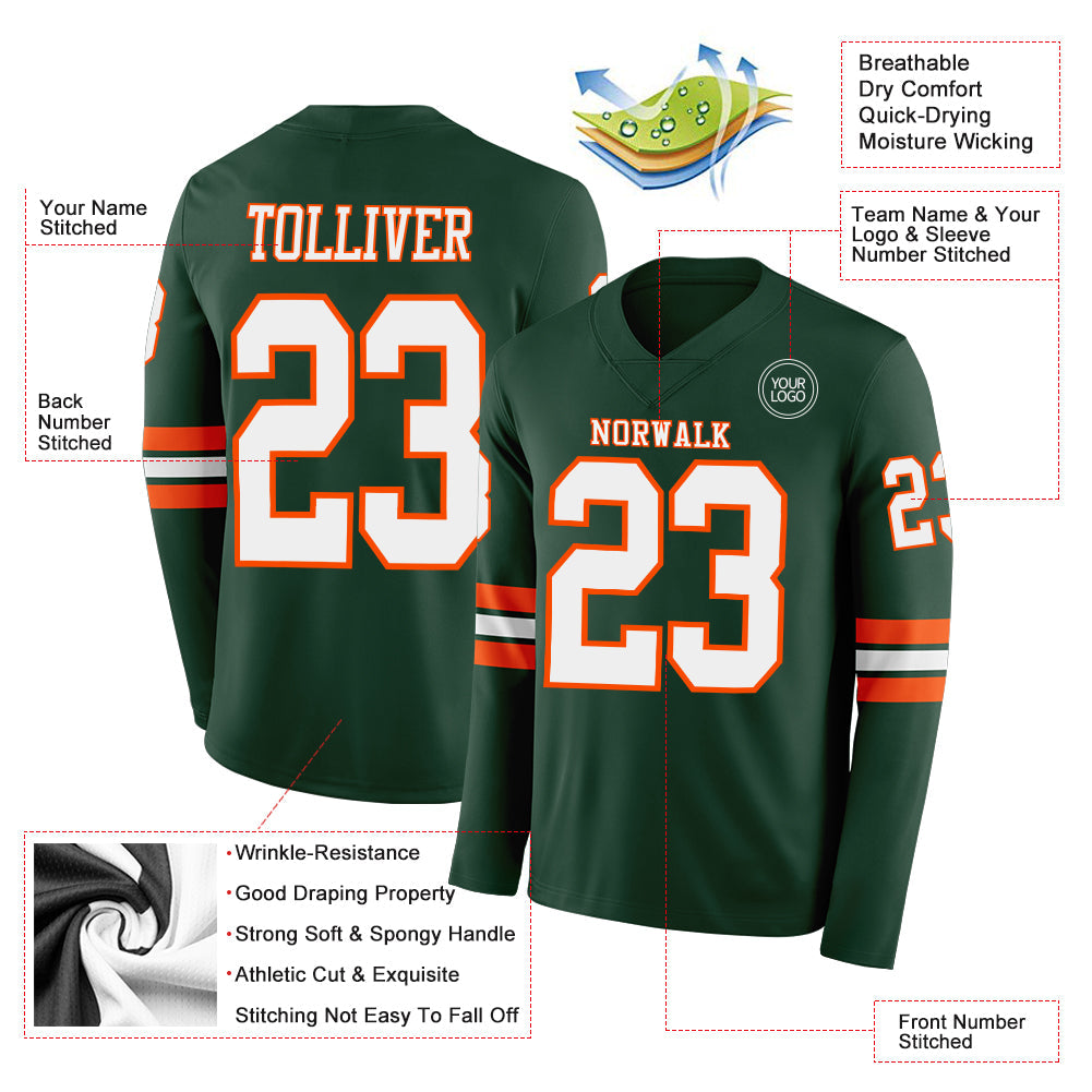 Custom Green White-Orange Long Sleeve Authentic Football Jersey view 2