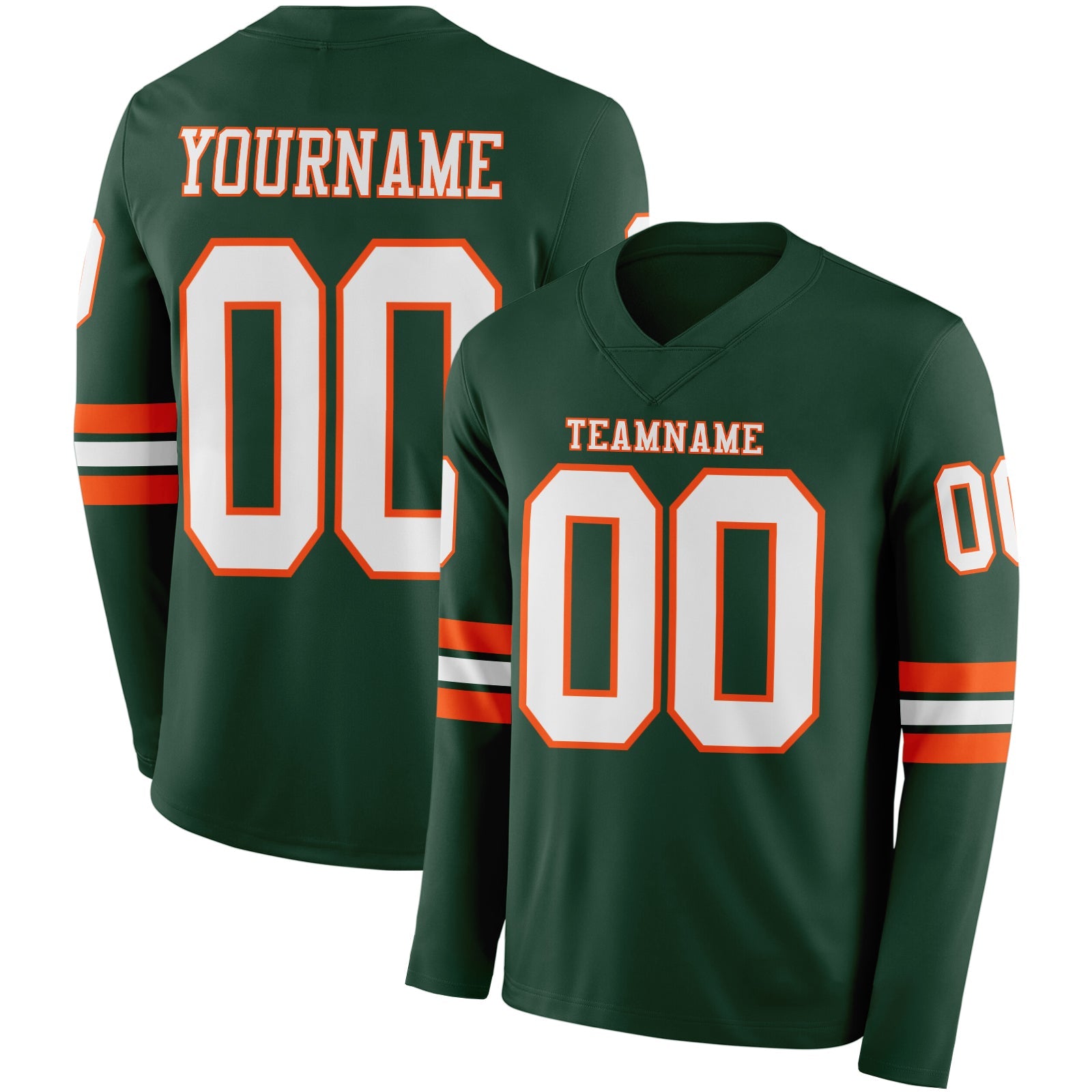 Custom Green White-Orange Long Sleeve Authentic Football Jersey - Main View