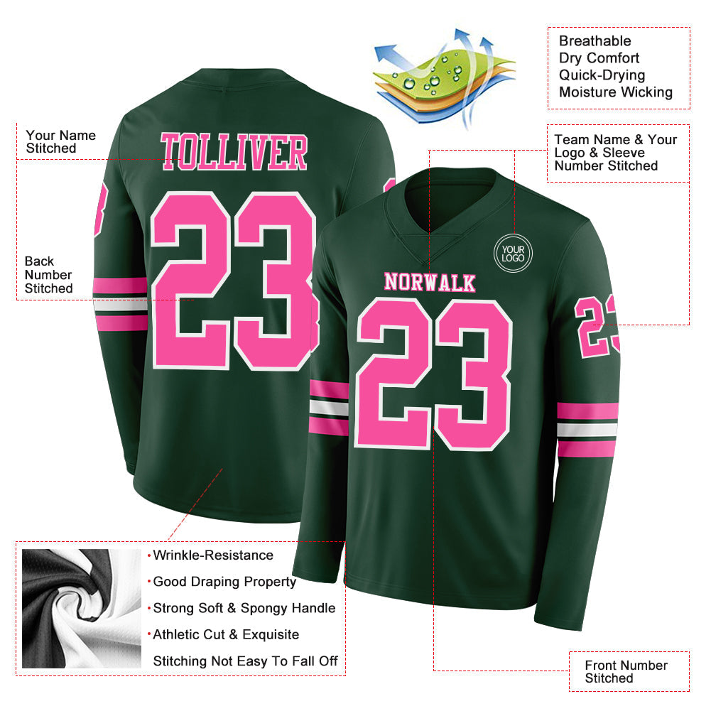 Custom Green Pink-White Long Sleeve Authentic Football Jersey view 2