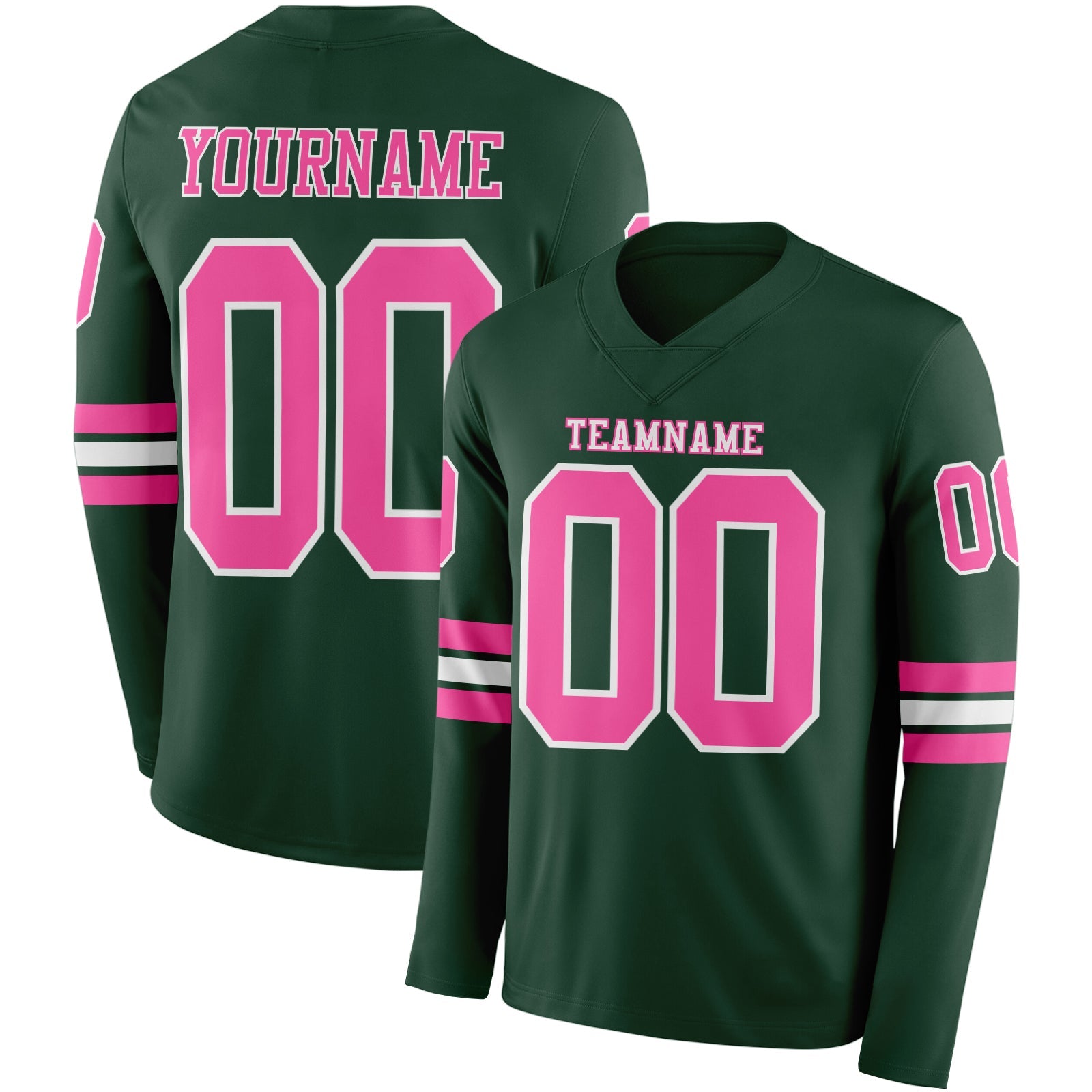 Custom Green Pink-White Long Sleeve Authentic Football Jersey - Main View