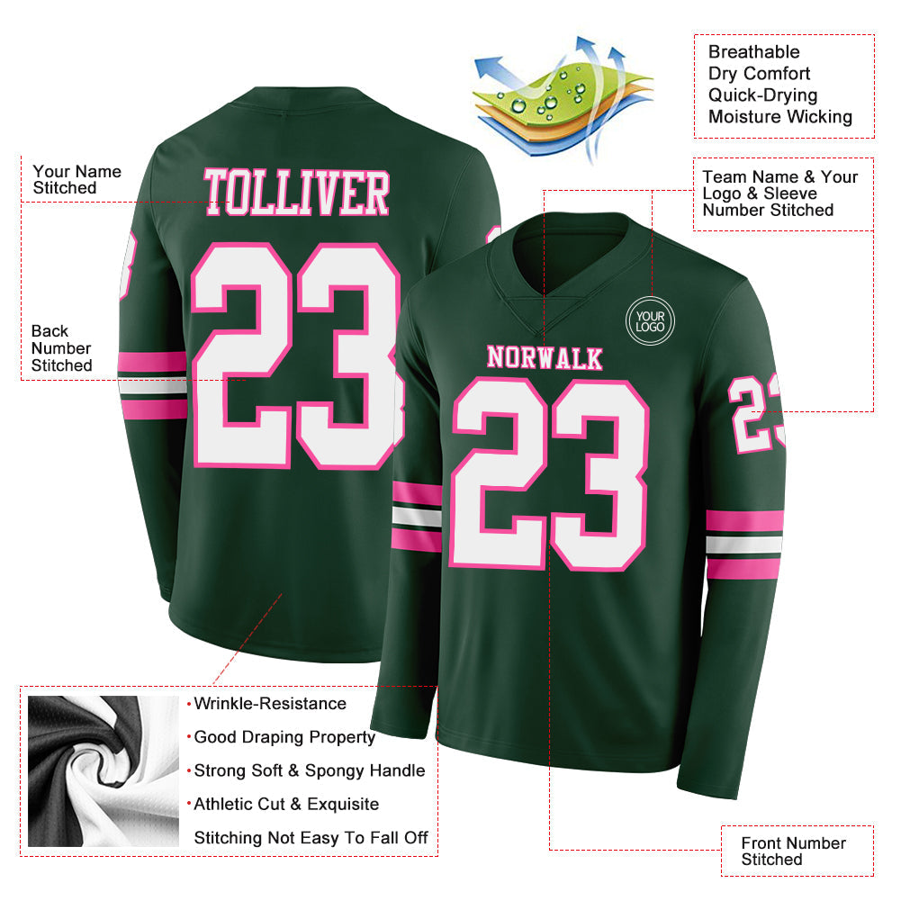 Custom Green White-Pink Long Sleeve Authentic Football Jersey view 2