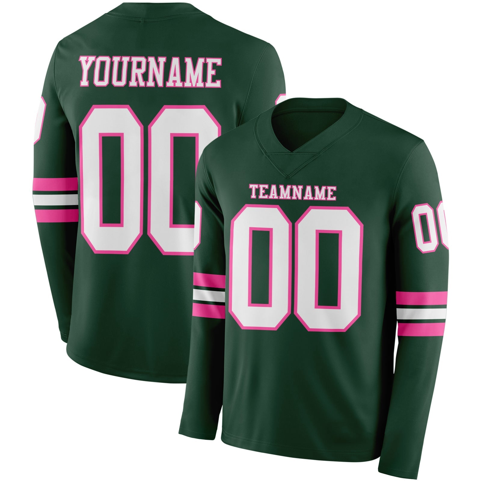 Custom Green White-Pink Long Sleeve Authentic Football Jersey - Main View