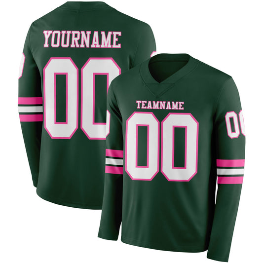 Custom Green White-Pink Long Sleeve Authentic Football Jersey - Main View