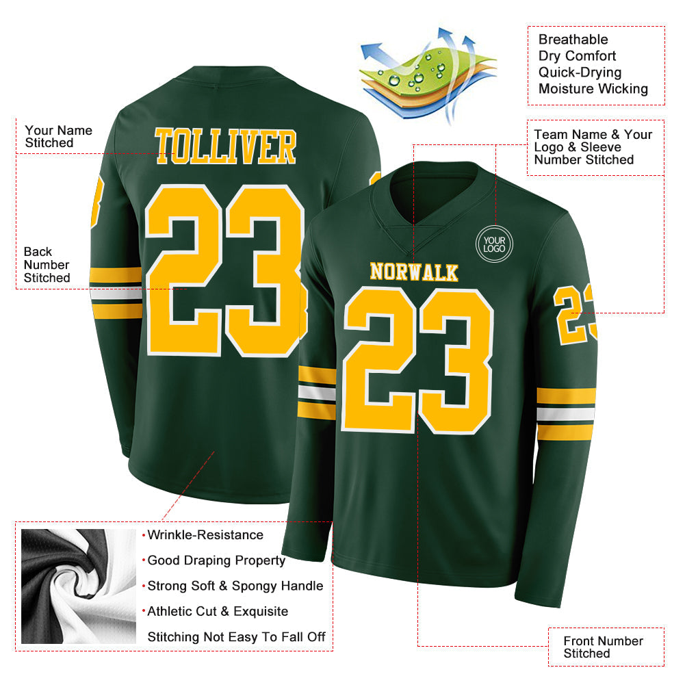 Custom Green Gold-White Long Sleeve Authentic Football Jersey view 2