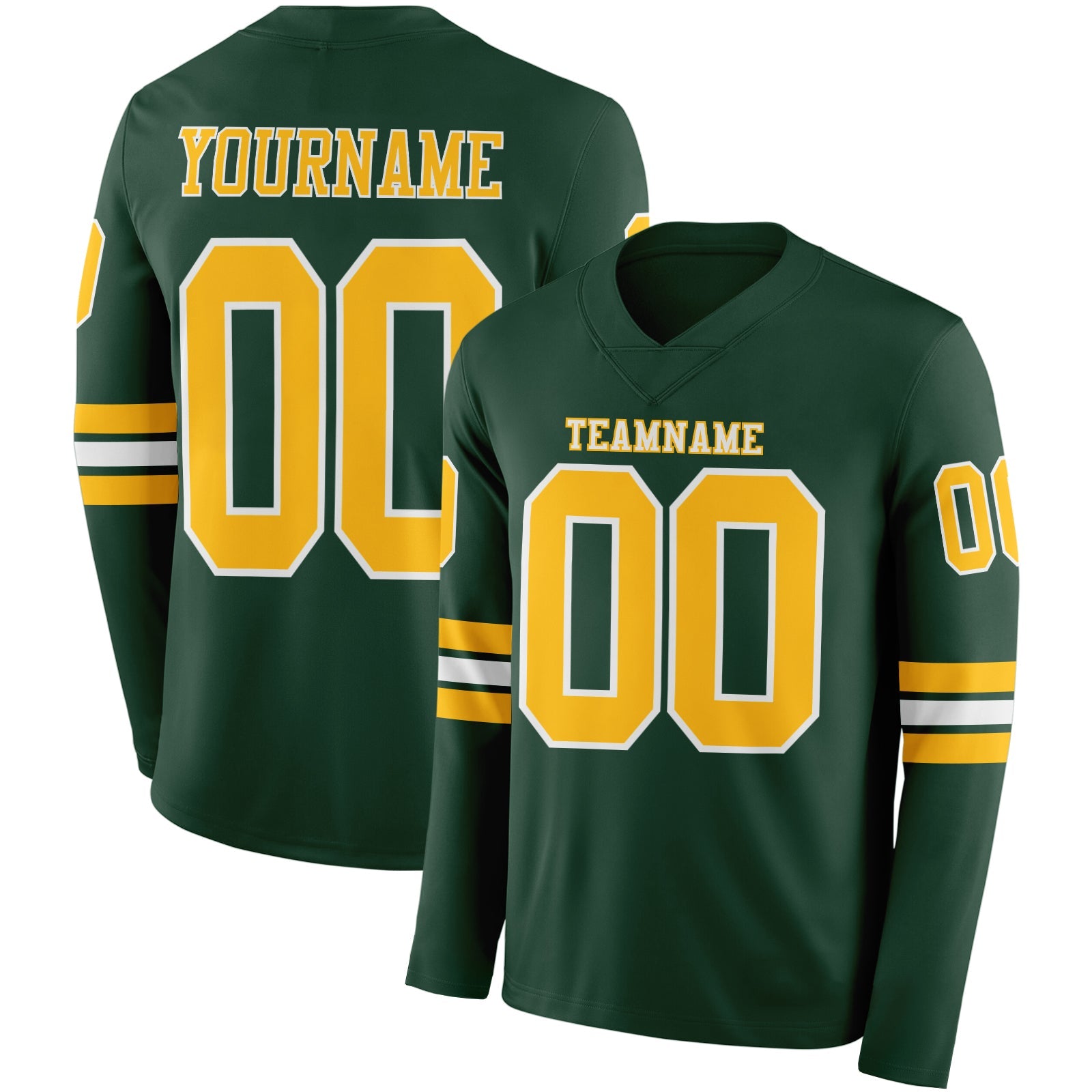 Custom Green Gold-White Long Sleeve Authentic Football Jersey - Main View