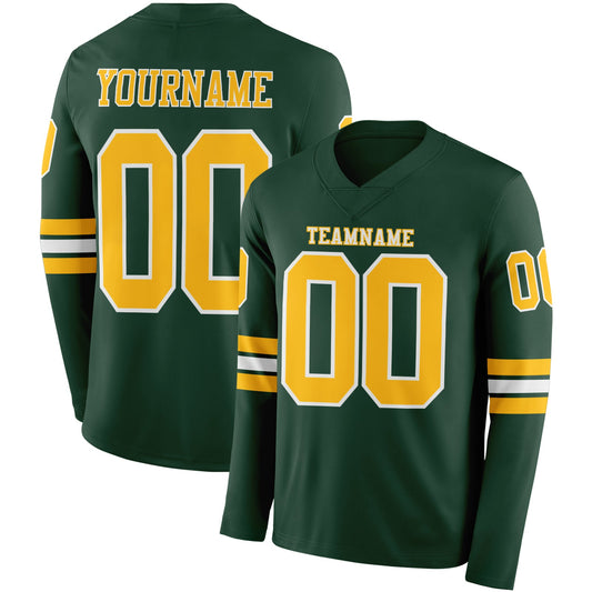 Custom Green Gold-White Long Sleeve Authentic Football Jersey - Main View