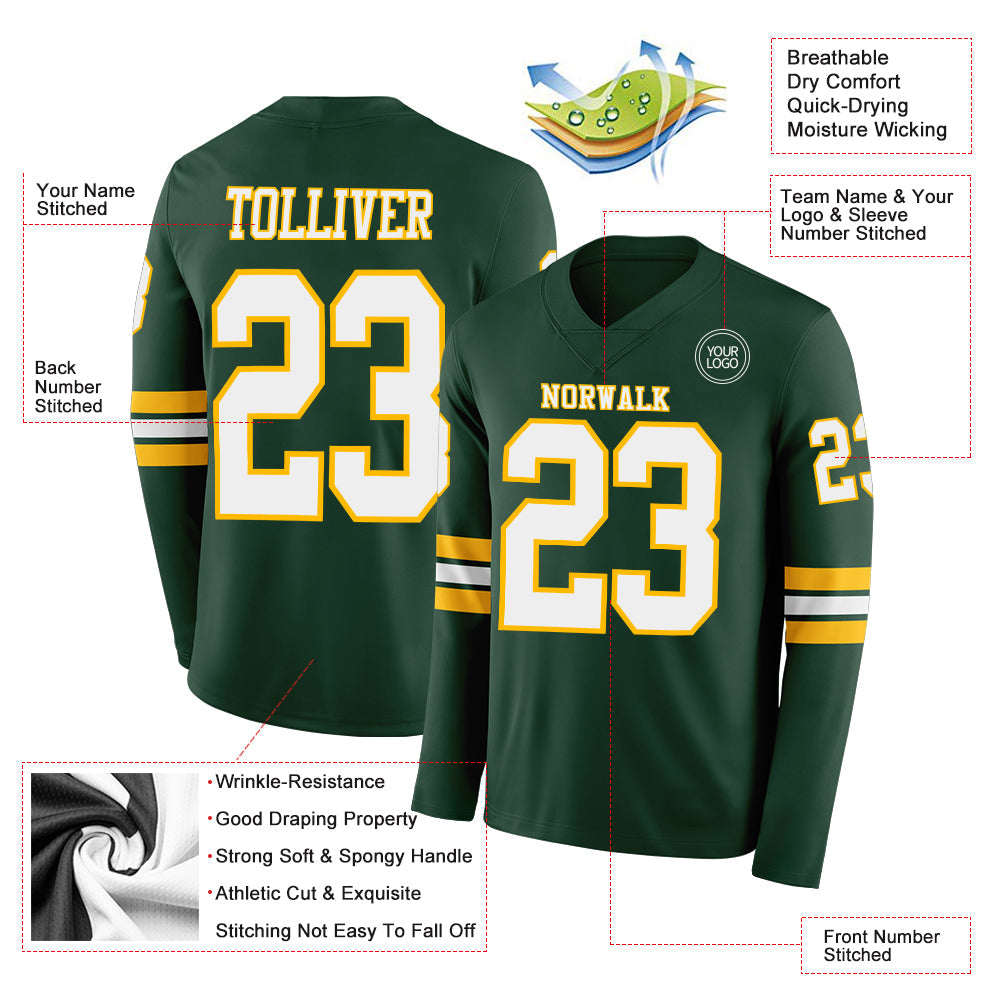 Custom Green White-Gold Long Sleeve Authentic Football Jersey view 2