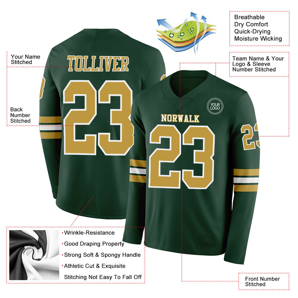 Custom Green Old Gold-White Long Sleeve Authentic Football Jersey view 2