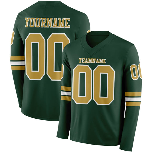 Custom Green Old Gold-White Long Sleeve Authentic Football Jersey - Main View