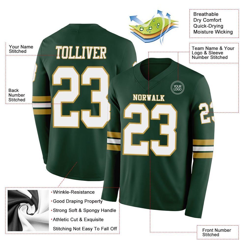Custom Green White-Old Gold Long Sleeve Authentic Football Jersey view 2