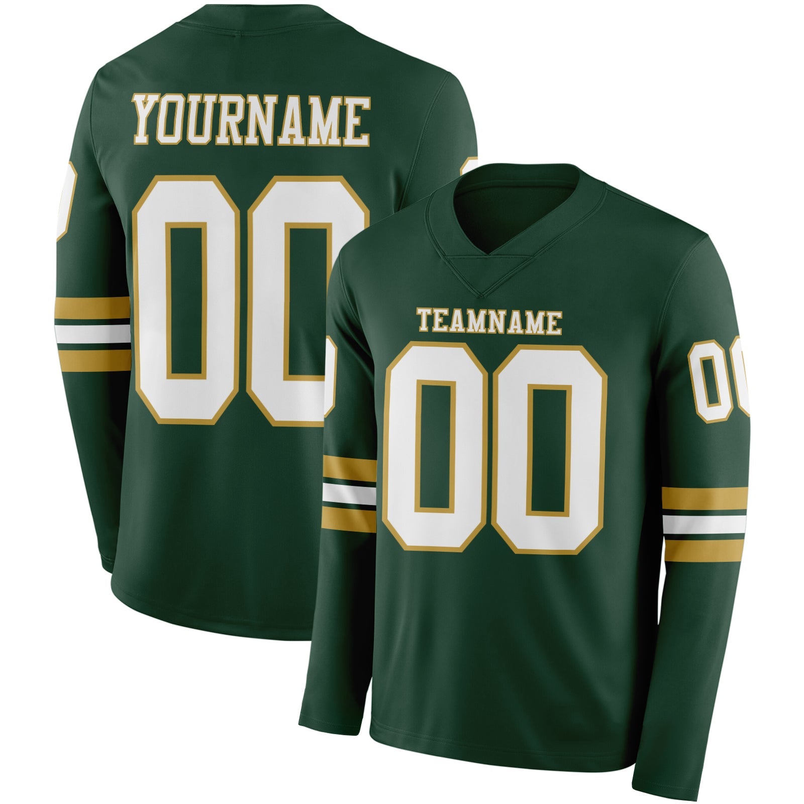 Custom Green White-Old Gold Long Sleeve Authentic Football Jersey - Main View