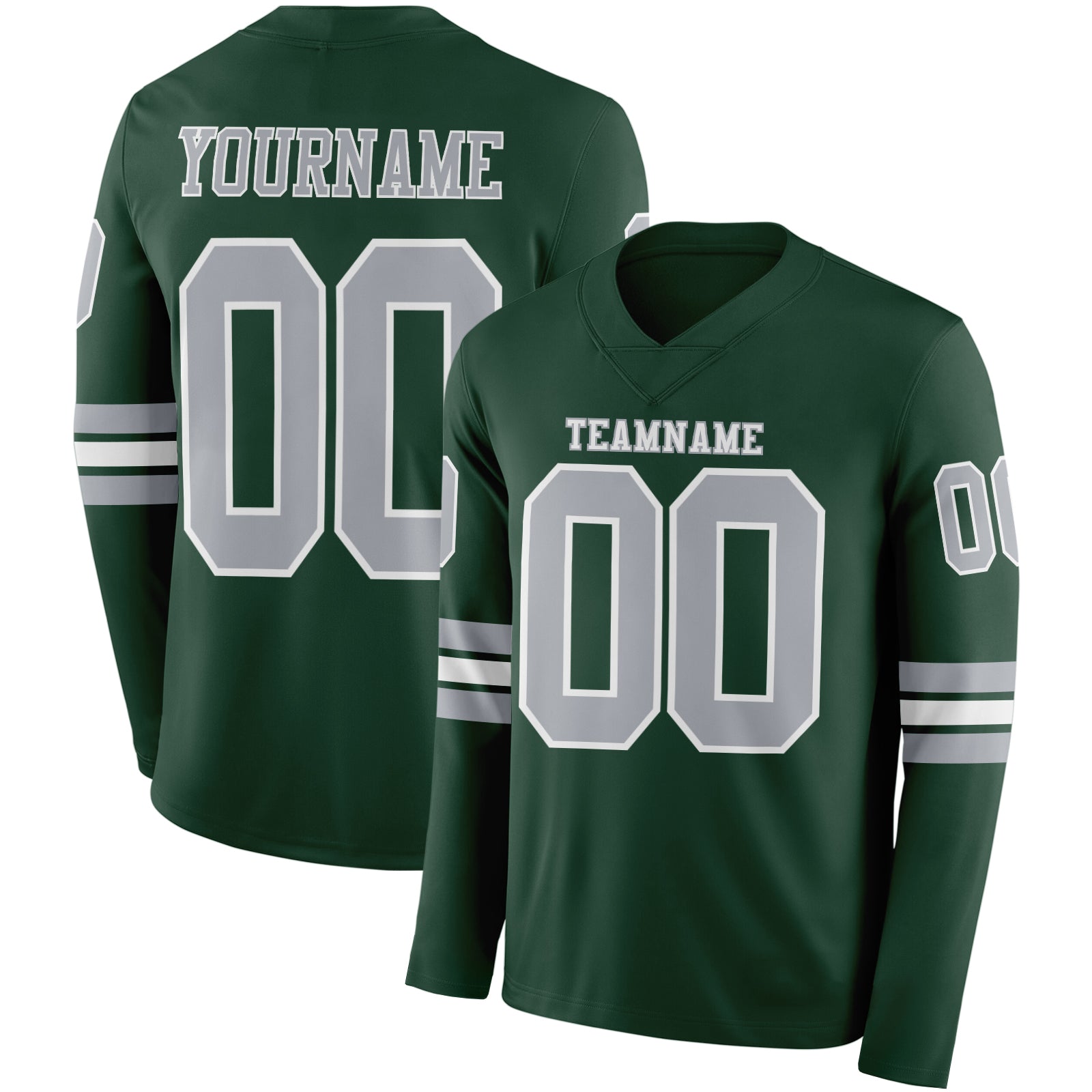 Custom Green Gray-White Long Sleeve Authentic Football Jersey - Main View
