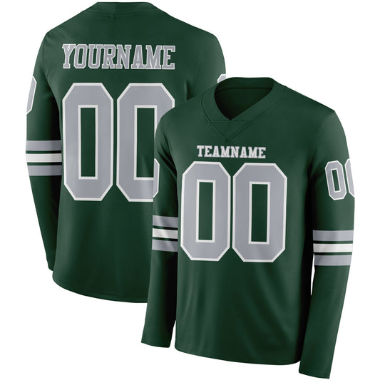 Custom Green Gray-White Long Sleeve Authentic Football Jersey - Main View