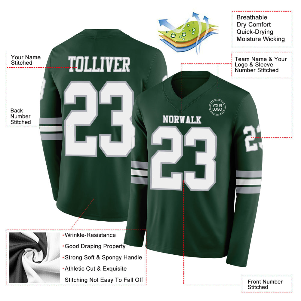 Custom Green White-Gray Long Sleeve Authentic Football Jersey view 2