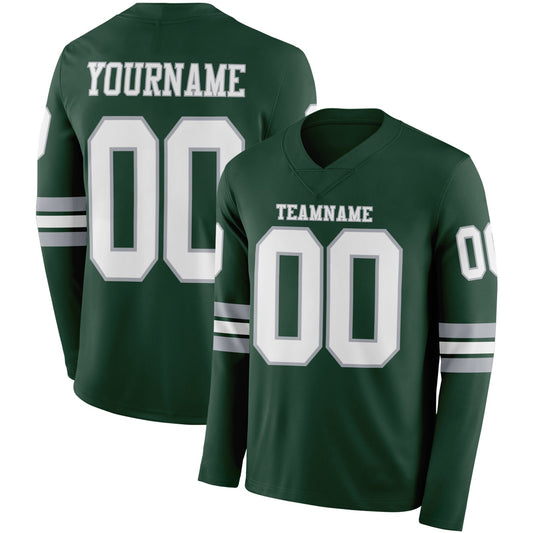 Custom Green White-Gray Long Sleeve Authentic Football Jersey - Main View