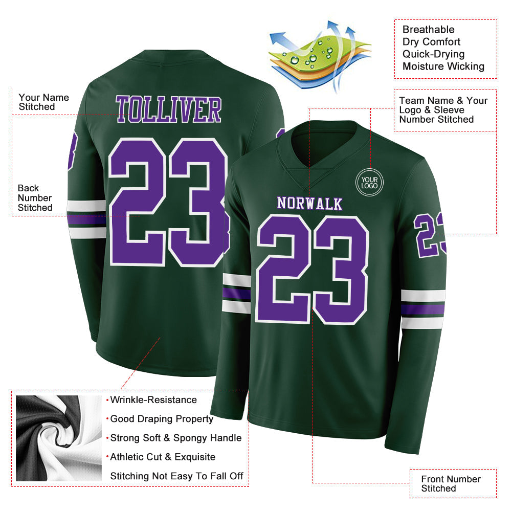 Custom Green Purple-White Long Sleeve Authentic Football Jersey view 2