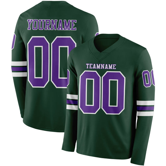 Custom Green Purple-White Long Sleeve Authentic Football Jersey - Main View