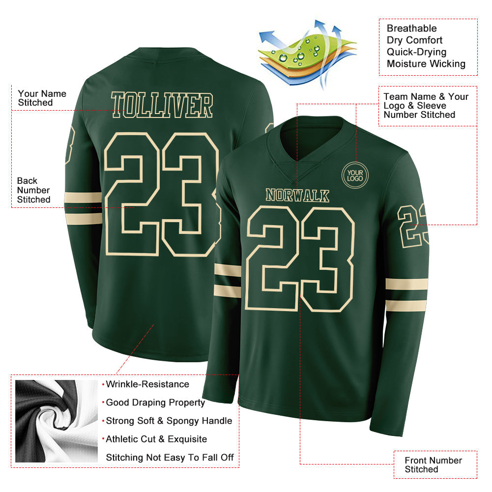 Custom Green Cream Long Sleeve Authentic Football Jersey view 2