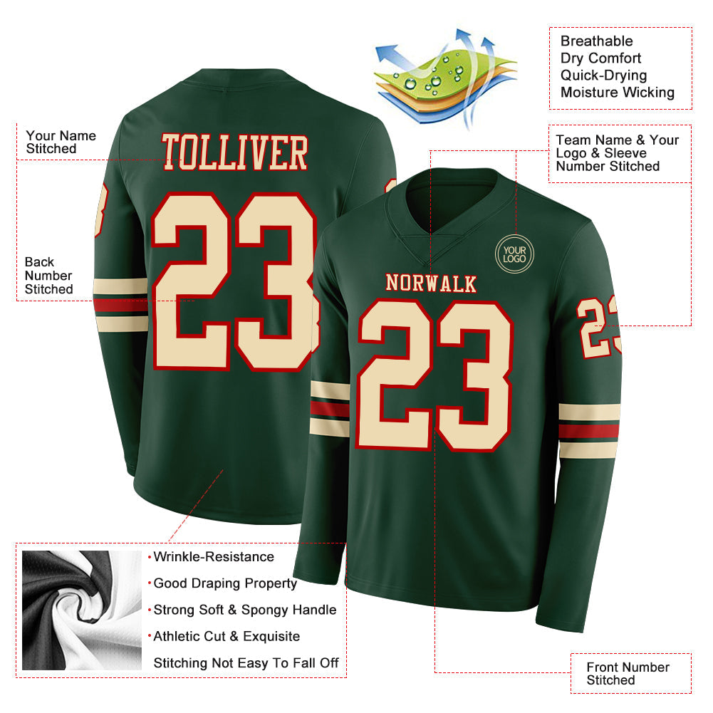 Custom Green Cream-Red Long Sleeve Authentic Football Jersey view 2