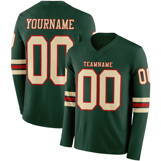 Custom Green Cream-Red Long Sleeve Authentic Football Jersey - Main View