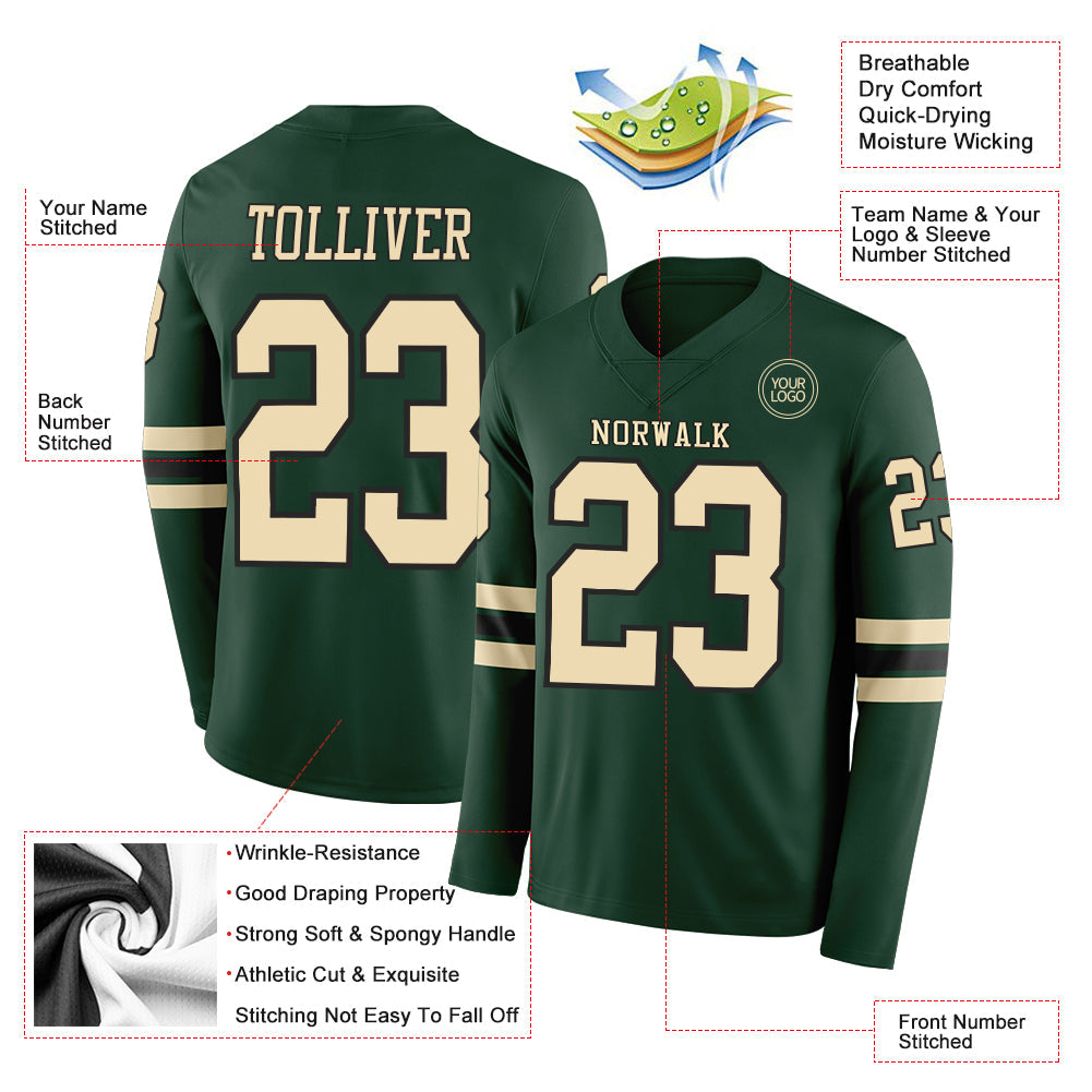 Custom Green Cream-Black Long Sleeve Authentic Football Jersey view 2