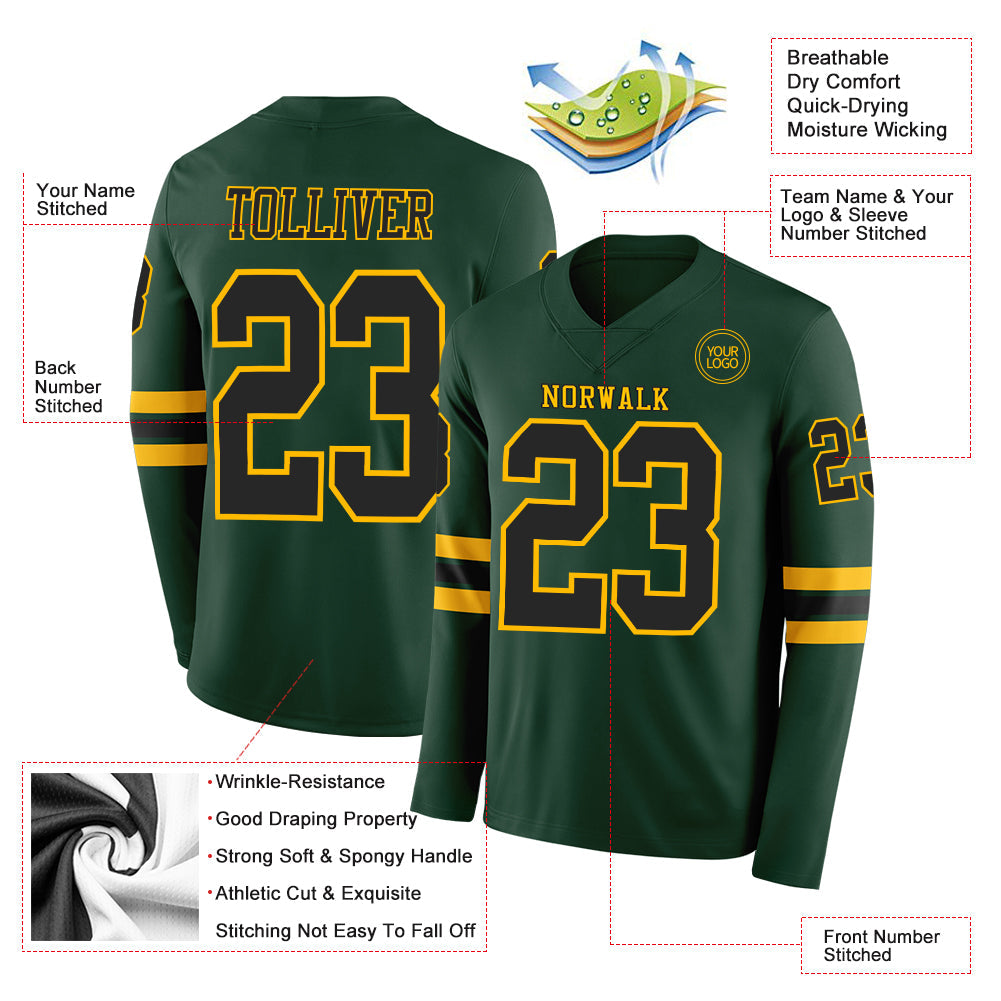 Custom Green Black-Gold Long Sleeve Authentic Football Jersey view 2