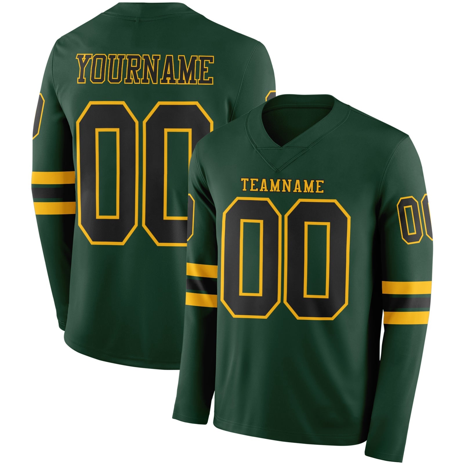 Custom Green Black-Gold Long Sleeve Authentic Football Jersey - Main View