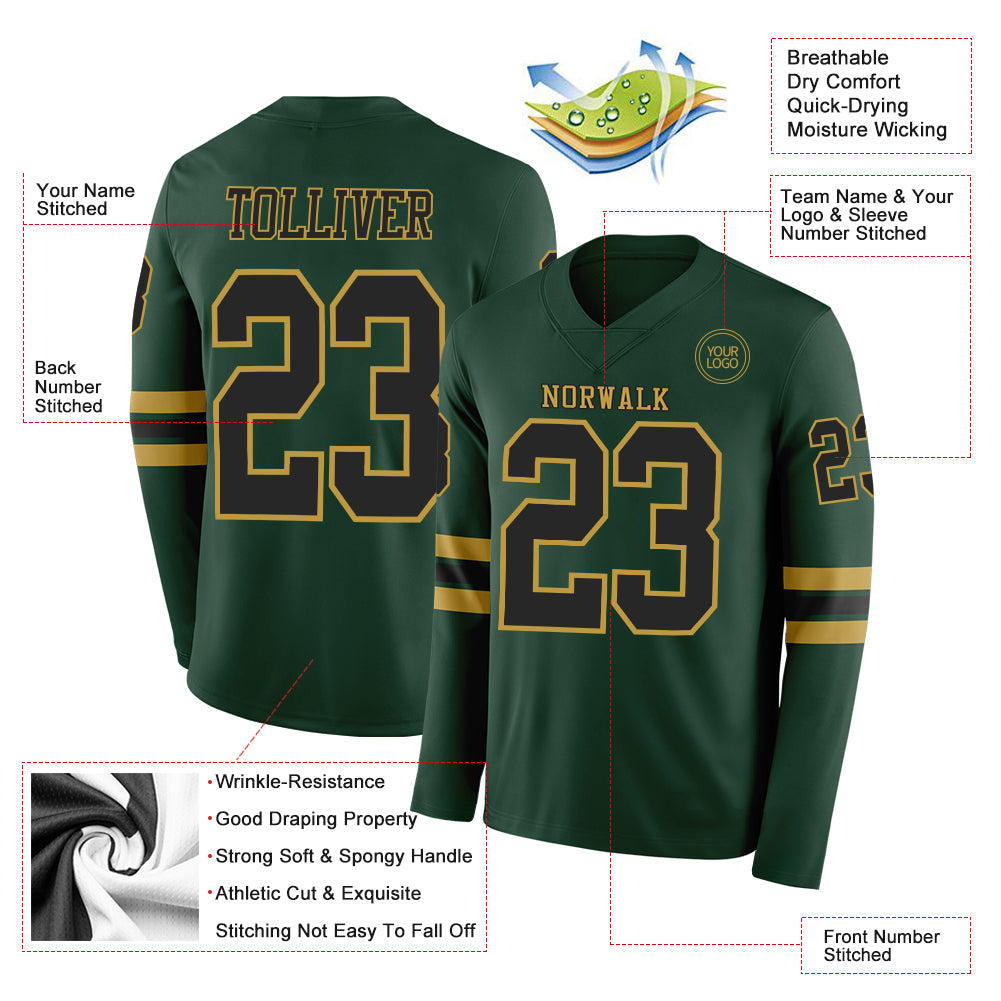 Custom Green Black-Old Gold Long Sleeve Authentic Football Jersey view 2