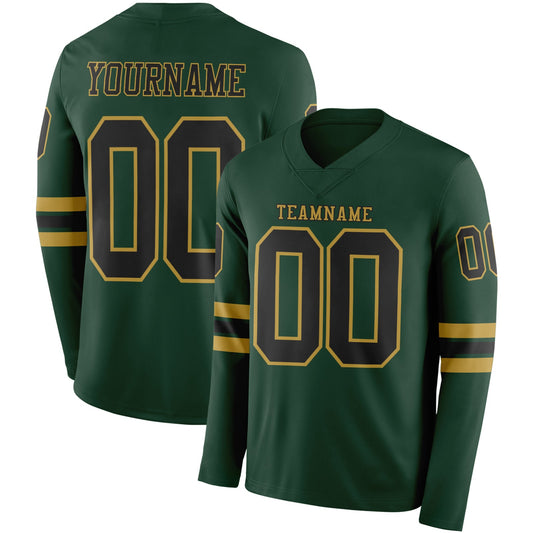 Custom Green Black-Old Gold Long Sleeve Authentic Football Jersey - Main View