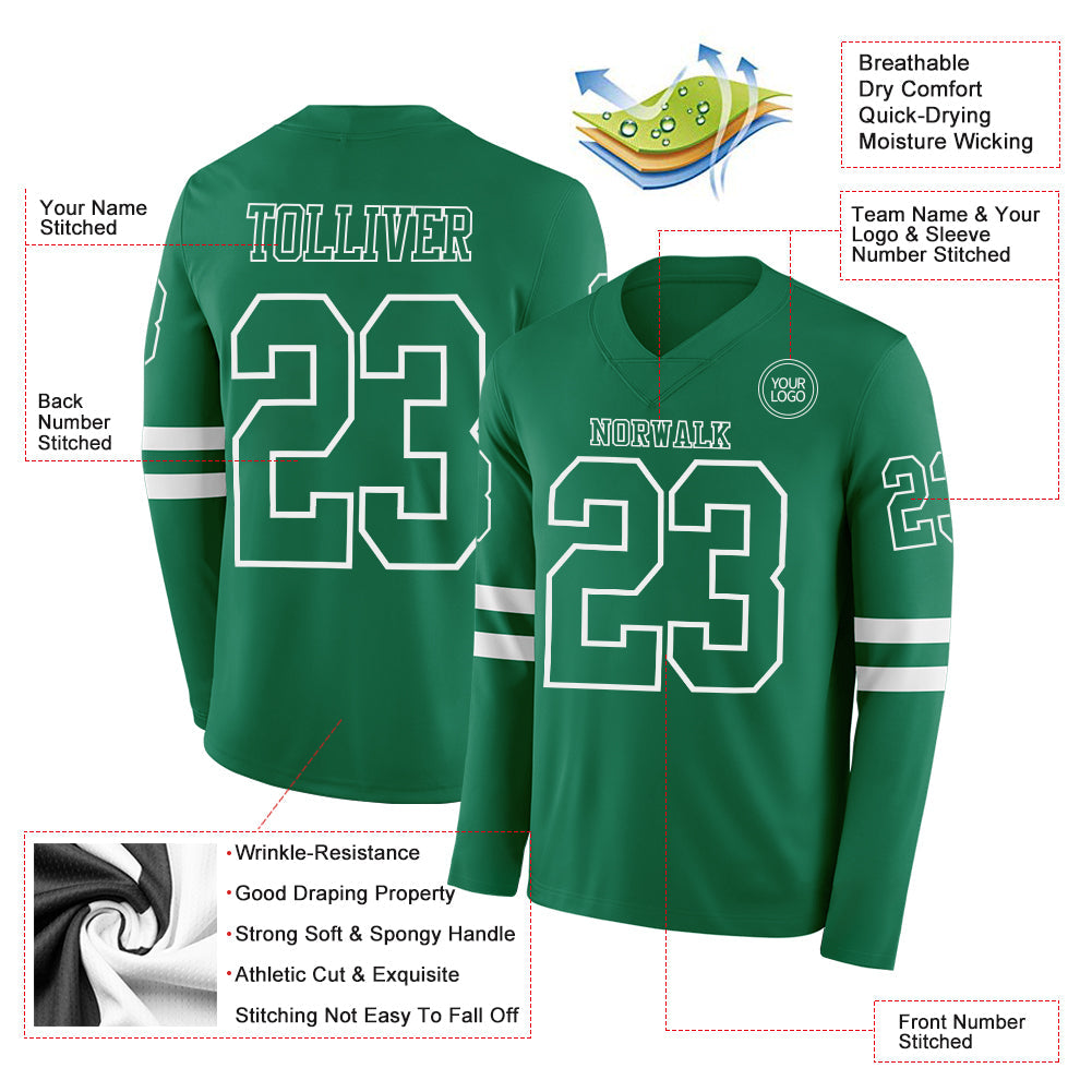 Custom Kelly Green White Long Sleeve Authentic Football Jersey view 2
