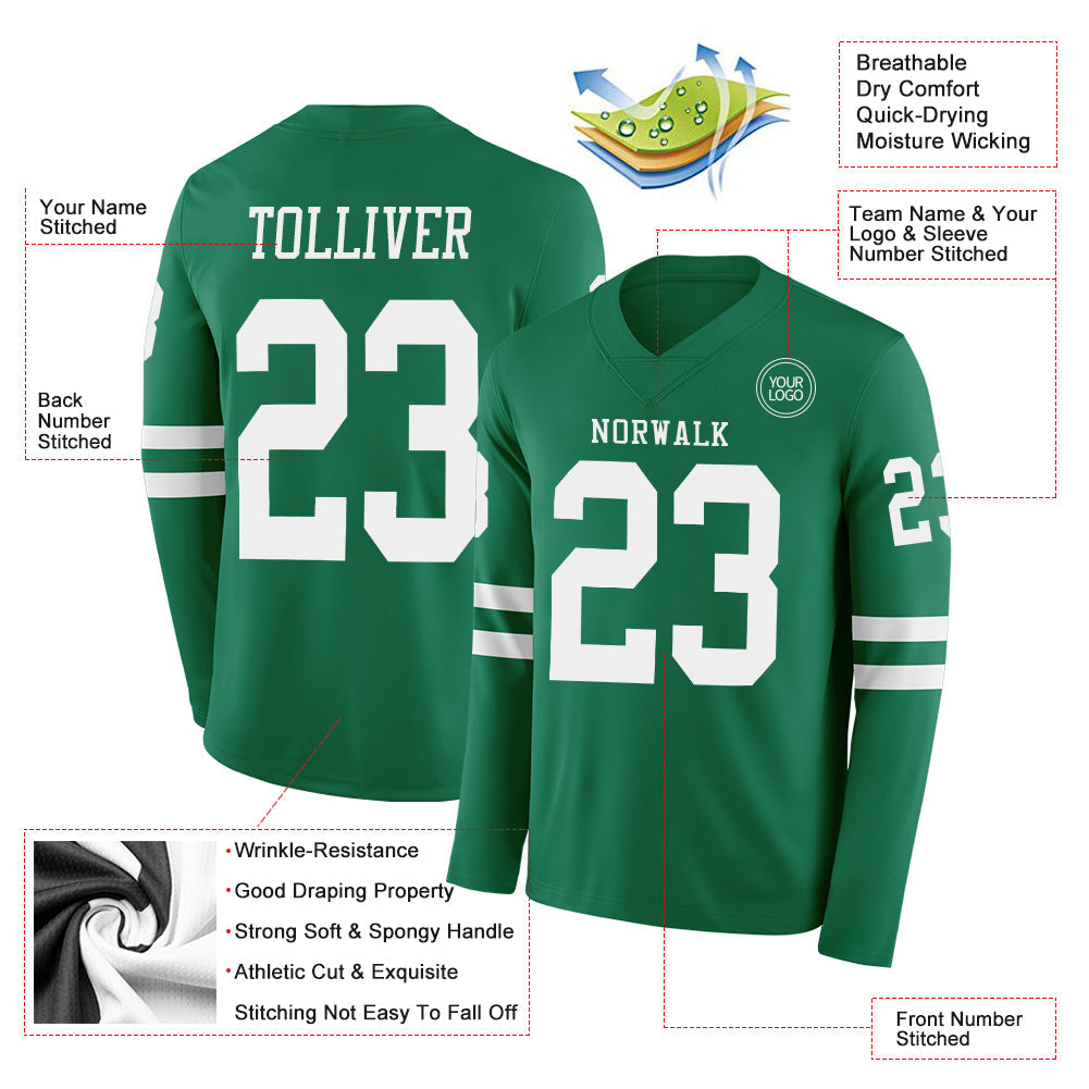 Custom Kelly Green White Long Sleeve Authentic Football Jersey view 2
