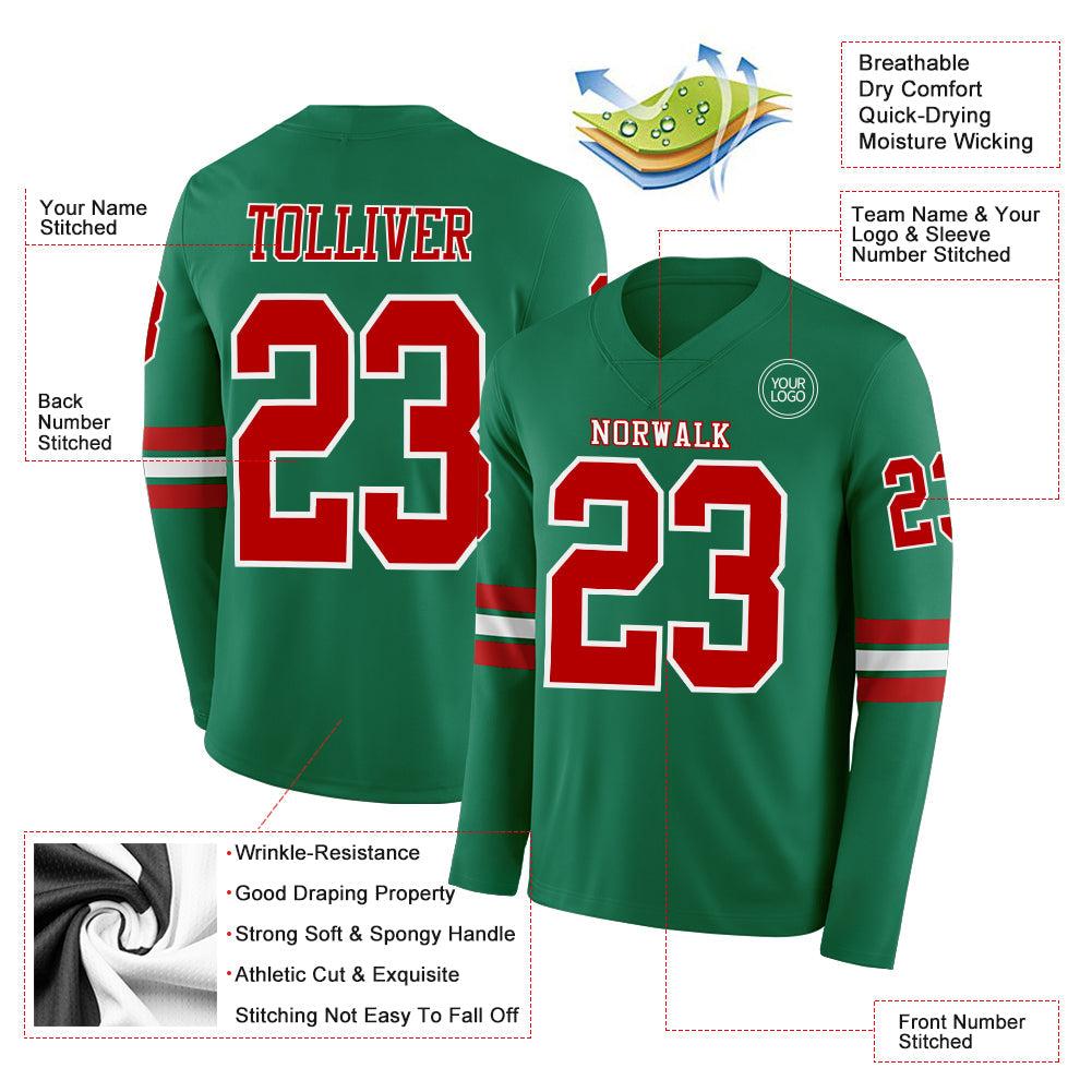 Custom Kelly Green Red-White Long Sleeve Authentic Football Jersey view 2